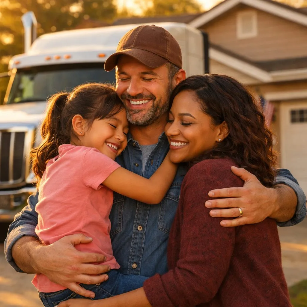 Trucker dad hugging his wife and daughter beside his truck — protected by Trucker Protection life insurance